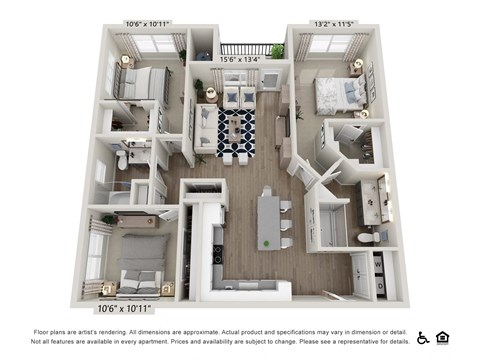 3 Bedroom 2 Bath Apartment Floor Plan at View on Centennial